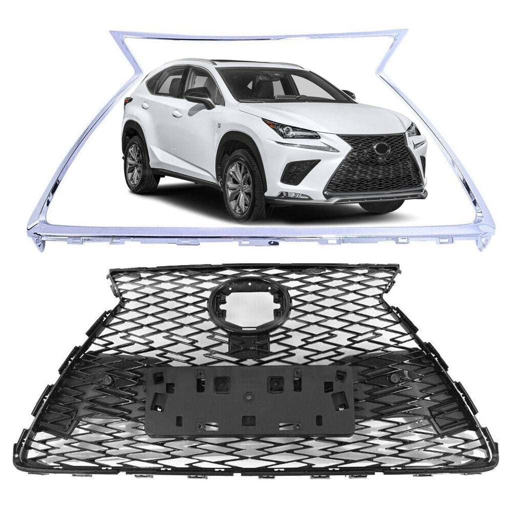 BUFEETERS  Front Bumper Grille With Chrome Trim Surround Fit For 2018 2019 2020 2021 Lexus NX300 F Sport,OE Style,Chrome&Gloss Black