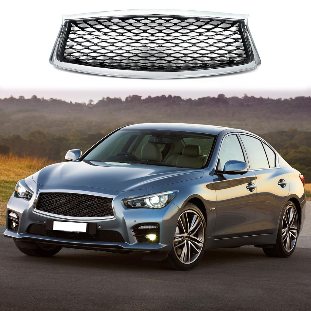 BUFEETERS   Front Bumper Upper Grille Fit For 2018 2019 2020 2021 2022 2023 INFINITI Q50 W/Sensor Holes,Honeycomb Style,Chrome&Black
