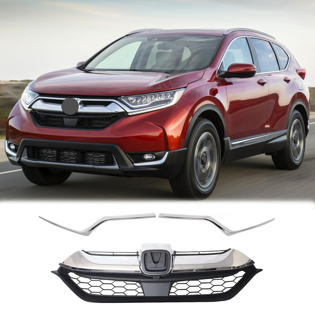 BUFEETERS  Front Bumper Grille w/Eyelid Molding Trim Fit For 2017 2018 2019 Honda CRV CR-V,Factory Style,Chrome&Black
