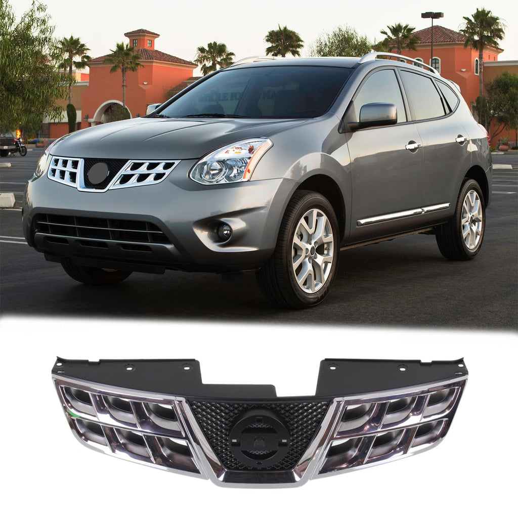 BUFEETERS Front Bumper Upper Grille Fit For 2011 2012 2013 Nissan Rogue 2014 2015 Rogue Select,Factory Style,Chrome Shell With Black Insert
