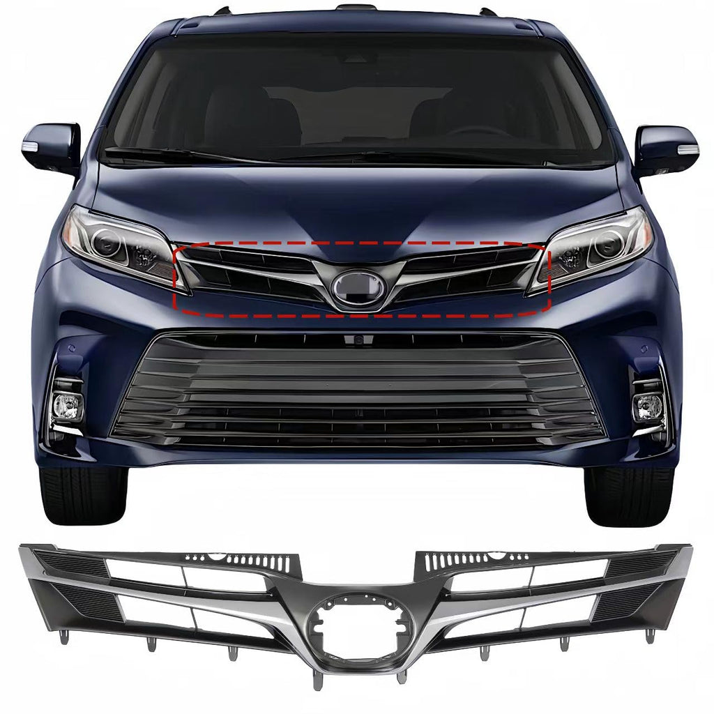 BUFEETERS Front Grille Fit For Toyota Sienna 2018 2019 2020  Chrome Shell with Painted Dark Gray Insert