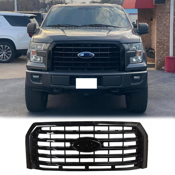BUFEETERS  Front Bumper Upper Grille Fit For 2015 2016 2017 Ford F150,Horizontal Billet Style,Gloss Black