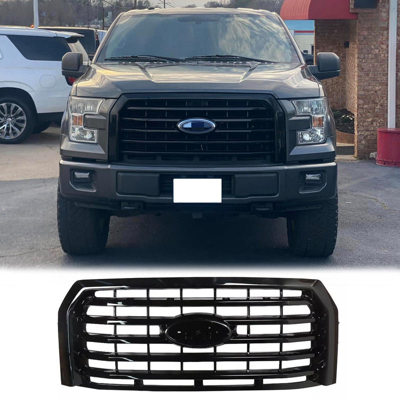 BUFEETERS  Front Bumper Upper Grille Fit For 2015 2016 2017 Ford F150,Horizontal Billet Style,Gloss Black