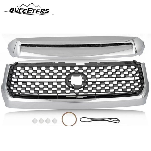 BUFEETERS Front Upper Grille & Hood Bulge Fit For 2014 2015 2016 2017 2018 2019 2020 Toyota Tundra,Honeycomb Style,Chorme&Black