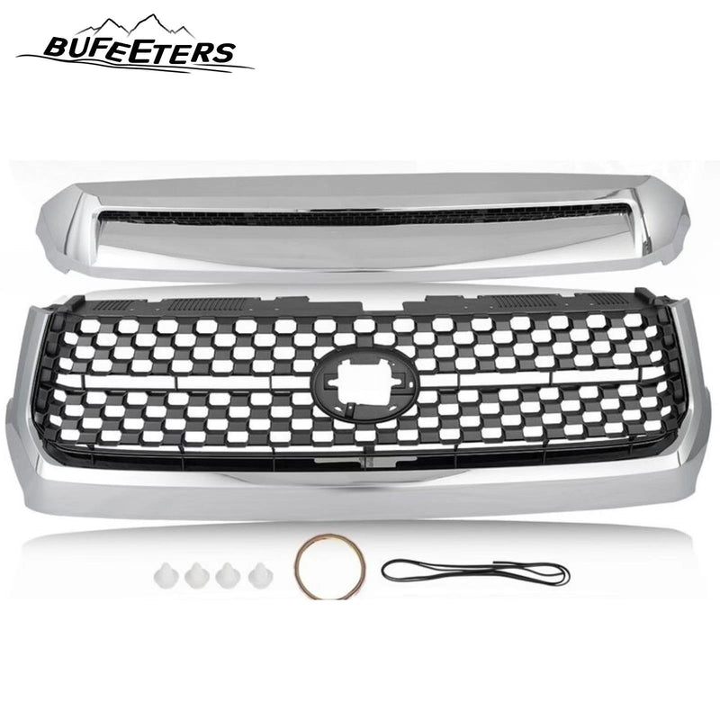 BUFEETERS Front Upper Grille & Hood Bulge Fit For 2014 2015 2016 2017 2018 2019 2020 Toyota Tundra,Honeycomb Style,Chorme&Black