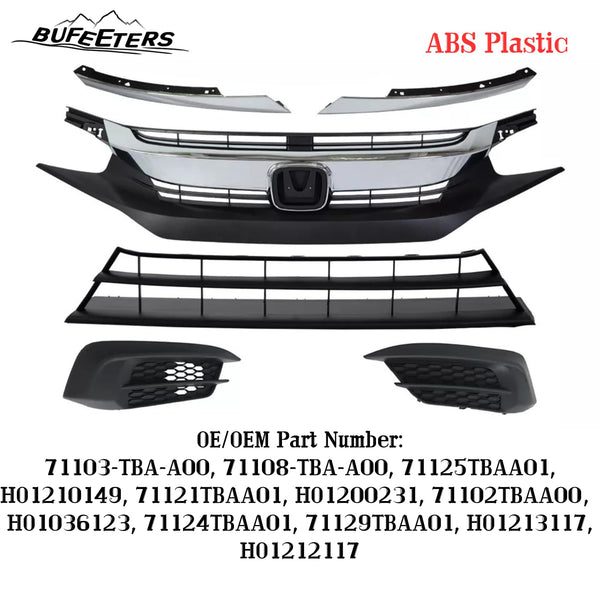 BUFEETERS  6PCS Front Bumper Upper Lower Grille w/ Fog Light Covers Fit For 2016 2017 2018 Honda Civic Sedan,Factory Style,Chrome&Black
