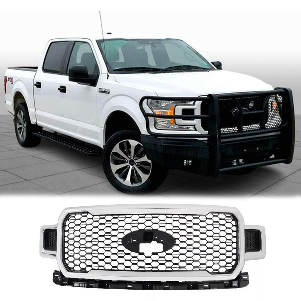 BUFEETERS  Front Bumper Upper Grille Assembly Fit For 2018 2019 2020 Ford F-150,Honeycomb Style,Chrome&Black