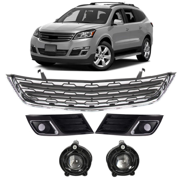 BUFEETERS  5PCS Front Bumper Lower Grille&Fog Lights&Bezels Set Fit For 2013 2014 2015 2016 2017 Chevy Chevrolet Traverse,Factory Style,Chrome&Black