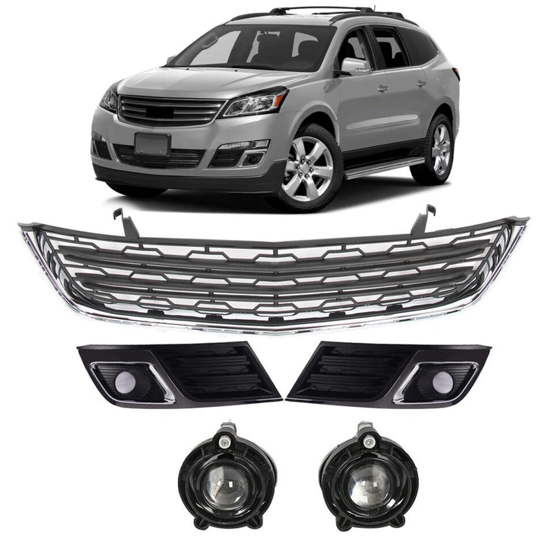 BUFEETERS  5PCS Front Bumper Lower Grille&Fog Lights&Bezels Set Fit For 2013 2014 2015 2016 2017 Chevy Chevrolet Traverse,Factory Style,Chrome&Black