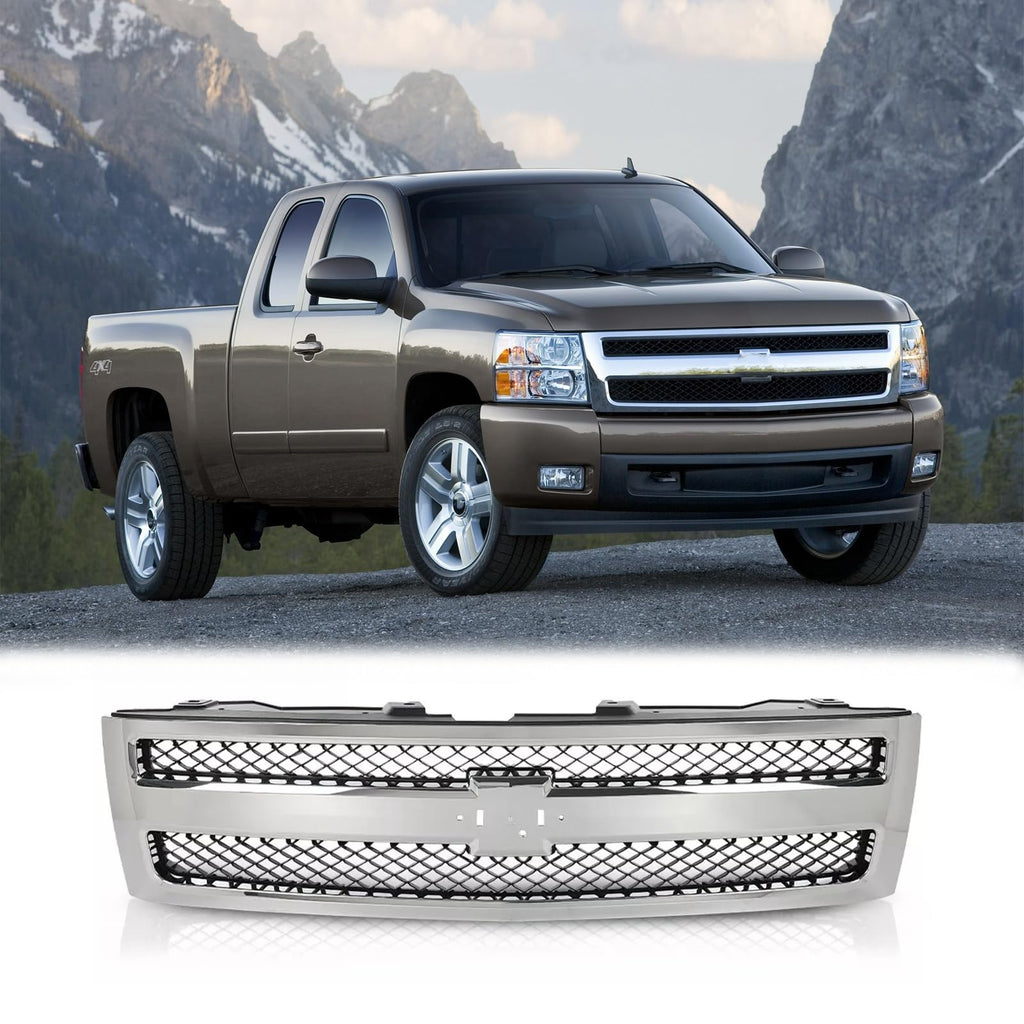 BUFEETERS Front Upper Chrome Grille w/ Black Insert Fit For 2007 2008 2009 2010 2011 2012 2013 Chevy Silverado 1500,Mesh Insert Style,Chrome&Black
