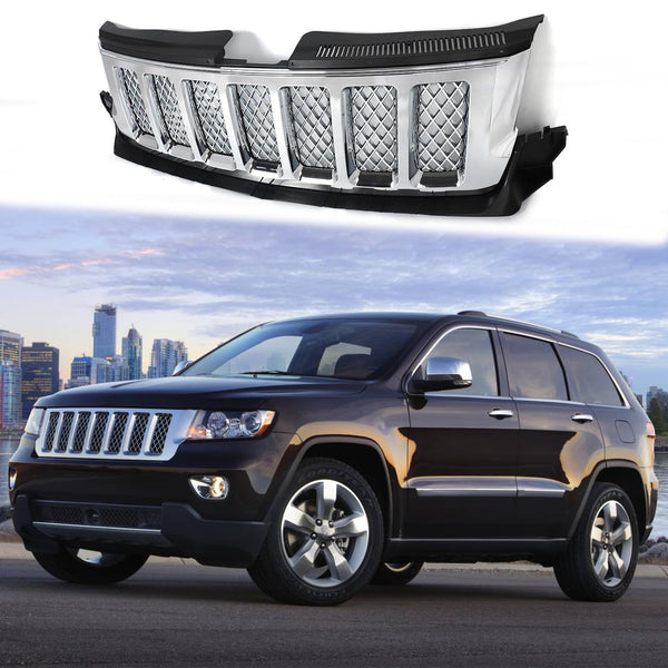 BUFEETERS   Front Bumper Upper Grille Fit For 2011 2012 2013 Jeep Grand Cherokee,Overland Style,Chrome Shell with Brushed Satin Aluminum Inserts