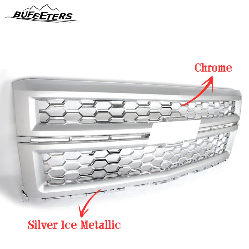BUFEETERS Front Bumper Upper Grille Fit For 2014 2015 Chevy Silverado 1500,Honeycomb Style,Silver Ice Metallic&Chrome