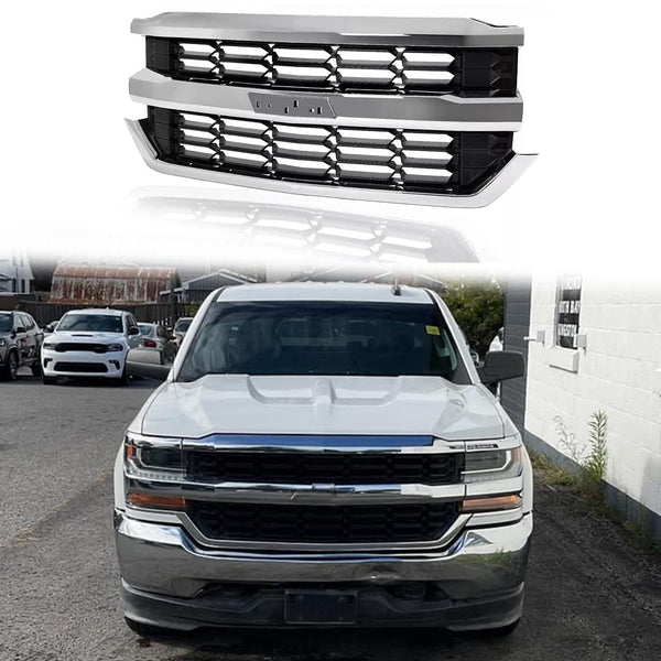 BUFEETERS Front Bumper Upper Grille Fit For 2016 2017 2018 2019 Chevrolet Silverado 1500,Honeycomb Style,Chrome&Black