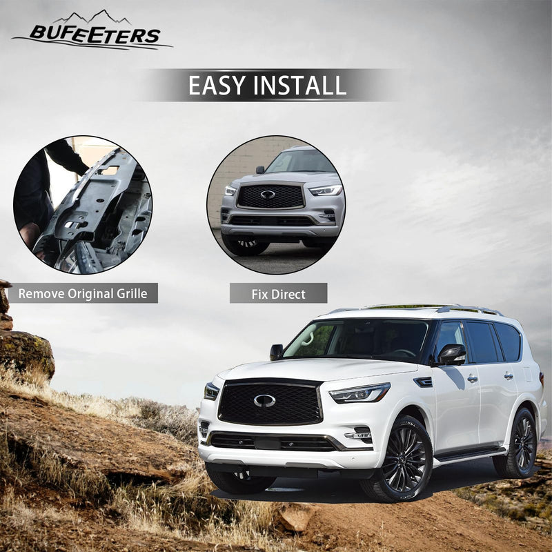 BUFEETERS  Front Upper Grille  W/ Camera Hole Fit For 2018 2019 2020 2021 INFINITI QX80,Mesh Style,Gloss Black