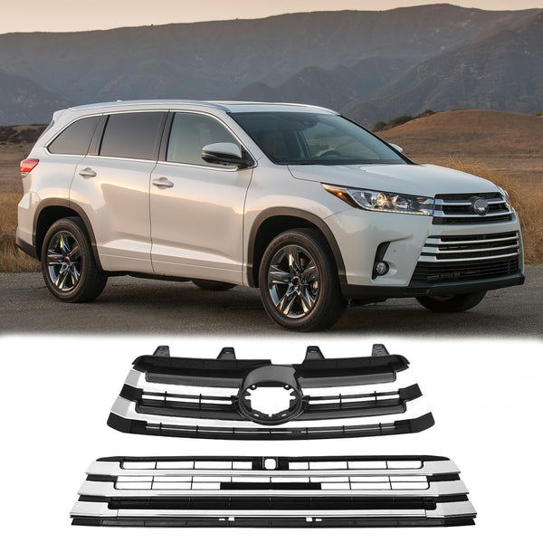 BUFEETERS Front Bumper Upper + Lower Grille w/Camera Hole Fit For 2017 2018 2019 Toyota Highlander,Factory Style,Chrome&Black