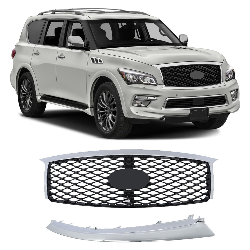 BUFEETERS  Front Bumper Upper Grille W/ Bumper Lower Trim Fit For 2015 2016 2017 INFINITI QX80,Factory Style,Chrome&Black
