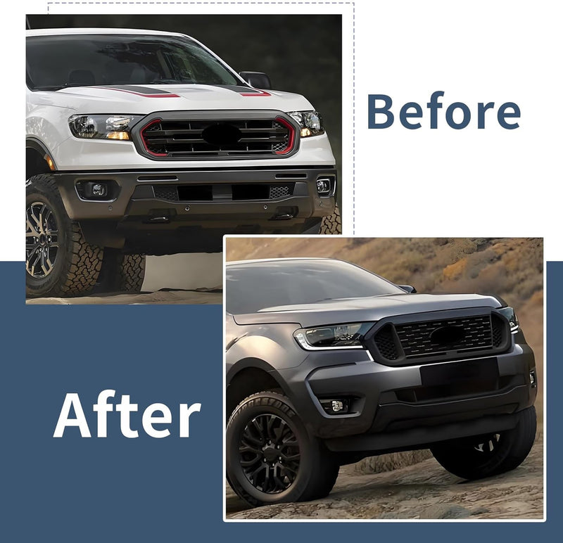 Matte Black Front Grill Compatible with Ford Ranger 2019 2020 2021 2022 Models, W/O Emblem