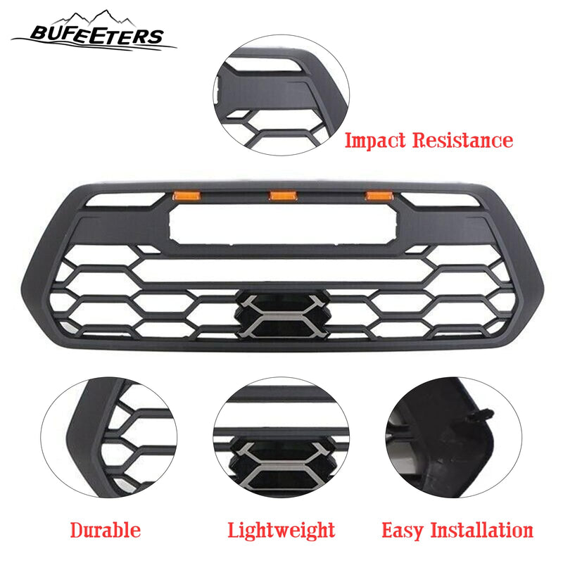 BUFEETERS   Front Bumper Grille W/Led & Light Bar Fit For 2016 2017 2018 2019 2020 2021 2022 2023 Toyota Tacoma,Mesh Style,Matte Black