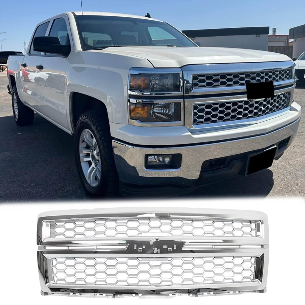 BUFEETERS Front Bumper Upper Grille Fit For 2014 2015 Chevy Silverado 1500,Honeycomb Style,Chrome&Silver
