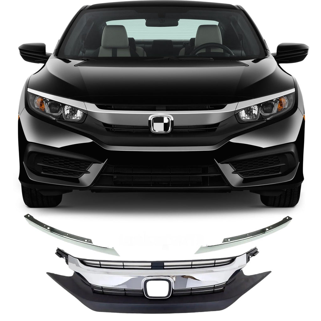 BUFEETERS 3PCS Front Upper Grille With Chrome Eyebrow Molding Fit For 2016 2017 2018 Honda Civic Sedan,Factory Style,Chrome&Matte Black
