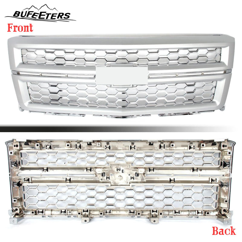 BUFEETERS Front Bumper Upper Grille Fit For 2014 2015 Chevy Silverado 1500,Honeycomb Style,Silver Ice Metallic&Chrome