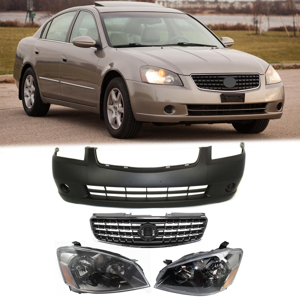 BUFEETERS Front Bumper Cover Primed + Grille Assembly + Headlights Fit For 2005 2006 Nissan Altima,Factory Style,Chrome&Dark Gray&Black