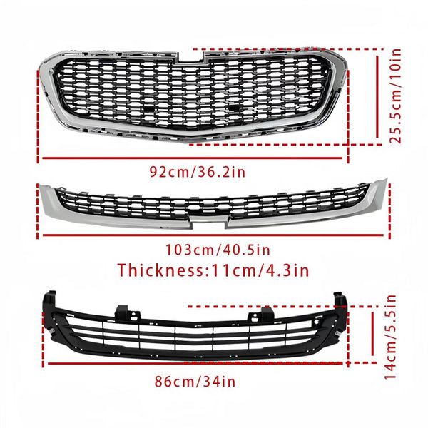BUFEETERS  3pcs Front Upper Center Lower Grille Grill Set Fit For 2014 2015 2016 Chevrolet Malibu,Chrome&Black