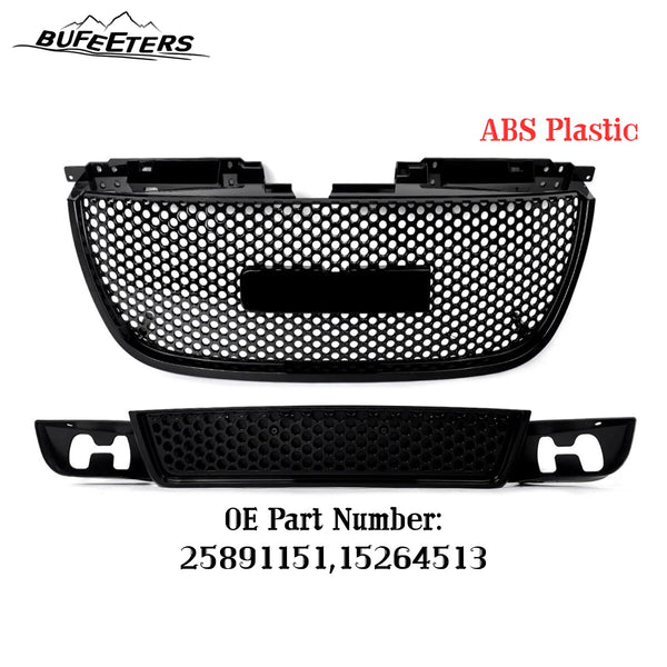 BUFEETERS Front Upper Lower Grille Mesh Assembly Fit For 2007 2008 2009 2010 2011 2012 2013 2014 GMC Yukon/Yukon XL,Denali Style,Gloss Black