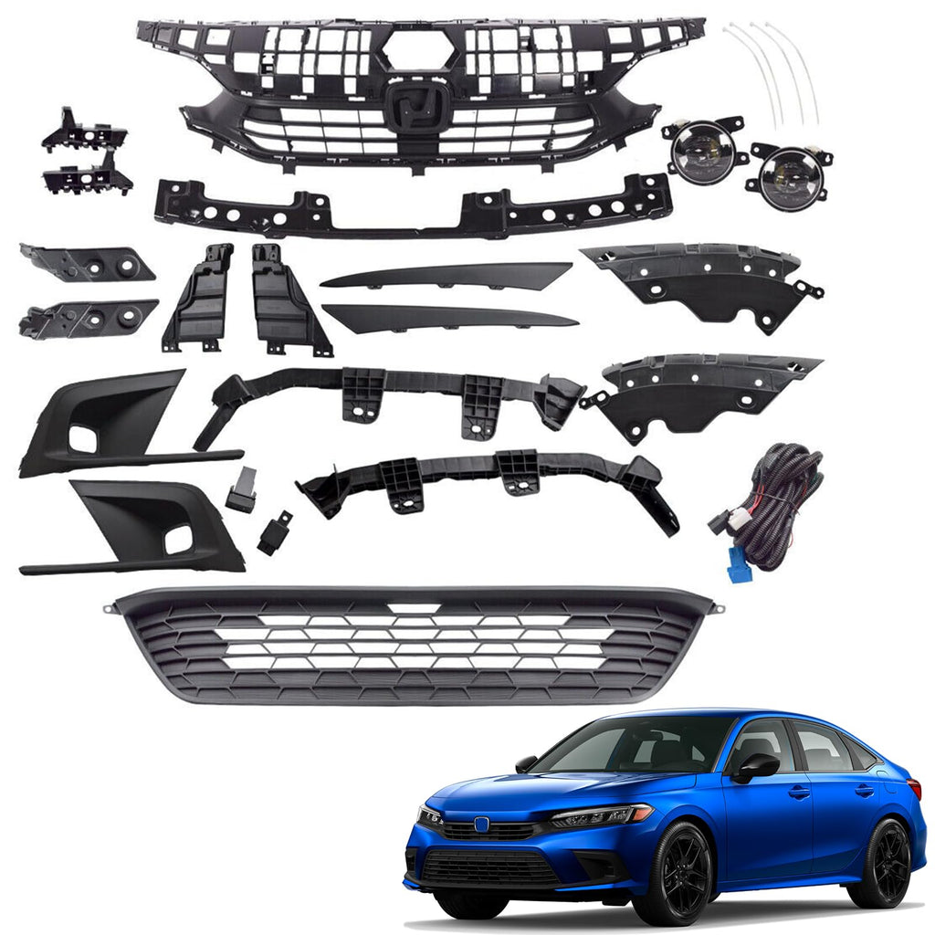 BUFEETERS  17PCS Front Grille/LED Fog Lamp/Headlight Trim/Bracket Fit For 2022 2023 Honda Civic Sedan,Factory Style,Black