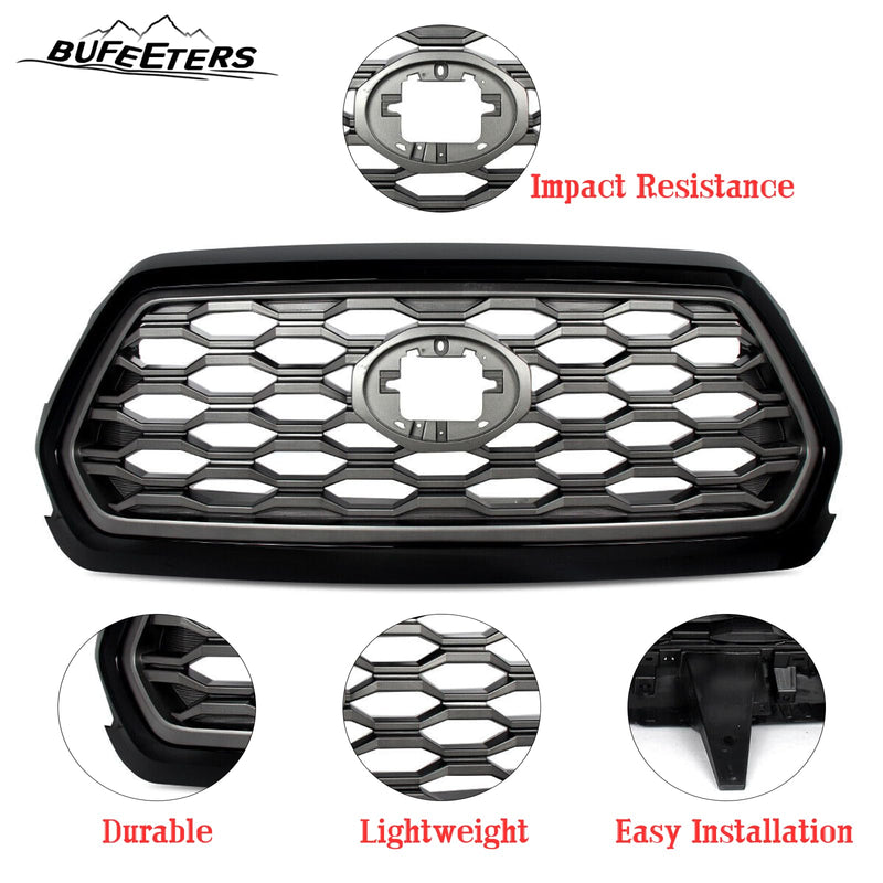 BUFEETERS   Front Bumper Grille W/Gray Grill Insert Fit For 2016 2017 2018 2019 2020 2021 2022 2023  Toyota Tacoma TRD,Honeycomb 2021 TRD Look Style,Gloss Black&Gray