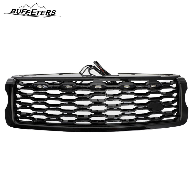 BUFEETERS Front Bumper Upper Grille w/ LED Fit For 2013 2014 2015 2016 2017 Land Rover Range Rover Vogue L405,Mesh Style,Gloss Black