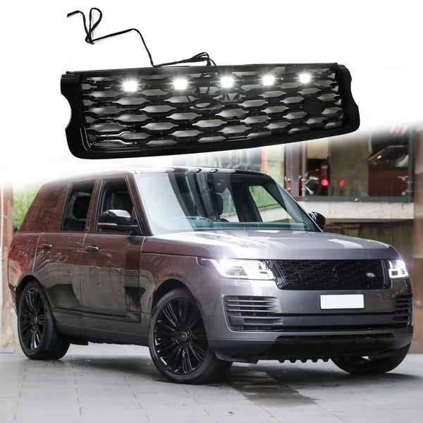 BUFEETERS Front Bumper Upper Grille w/ LED Fit For 2013 2014 2015 2016 2017 Land Rover Range Rover Vogue L405,Mesh Style,Gloss Black