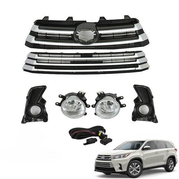 BUFEETERS Front Upper and Lower Grille W/Foglights Set Fit For 2017 2018 2019 Toyota Highlander,Factory Style,Silver&Black