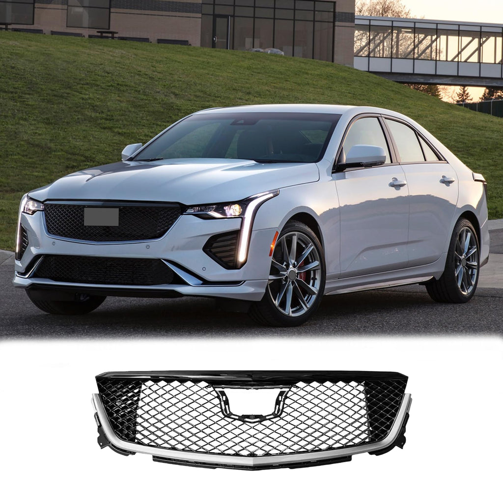 BUFEETERS  Front Bumper Upper Grille Assembly Fit For 2020 2021 2022 2023 2024 Cadillac CT4,Mesh Style,Chrome&Gloss Black