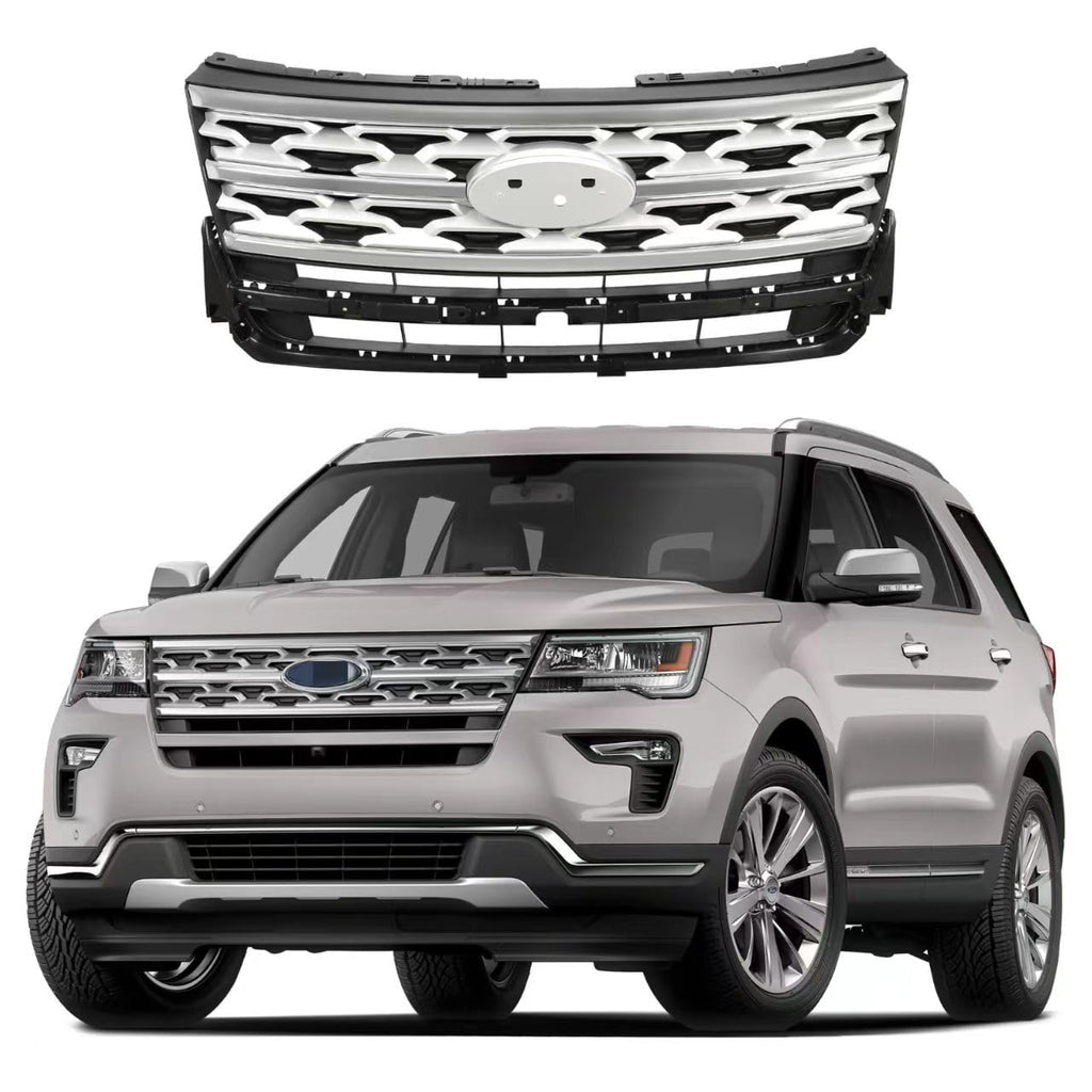 BUFEETERS   Front Bumper Upper Grille Fit For 2018 2019 Ford Explorer XLT,Factory Style,Chrome&Black