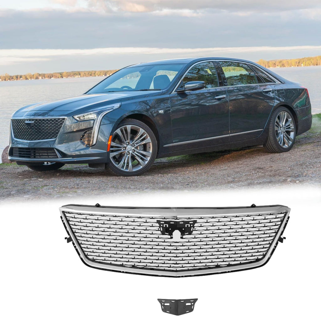 BUFEETERS  Front Bumper Upper Grille Chrome Fit For 2019 2020 Cadillac CT6,Honeycomb  Style