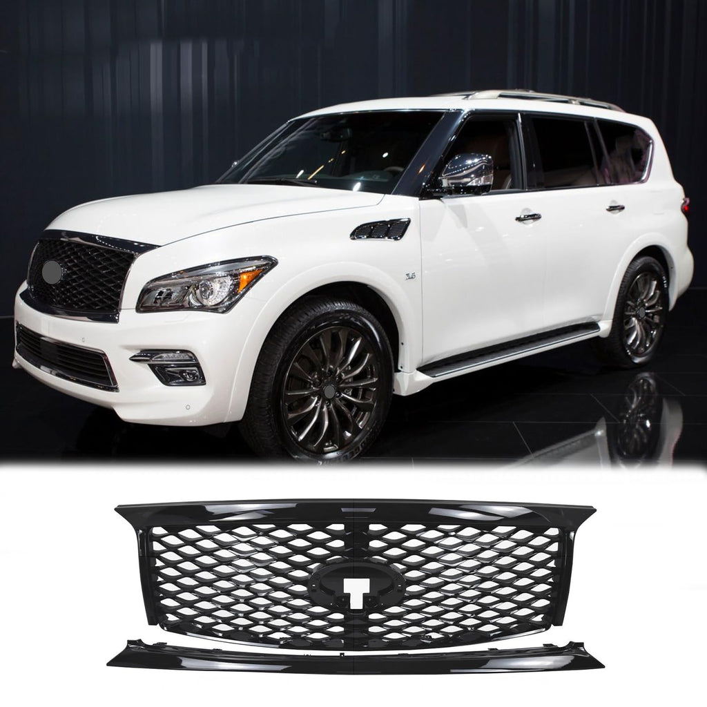 BUFEETERS  Front Bumper Upper Grille W/ Bumper Lower Trim Fit For 2015 2016 2017 INFINITI QX80,Factory Style,Gloss Black