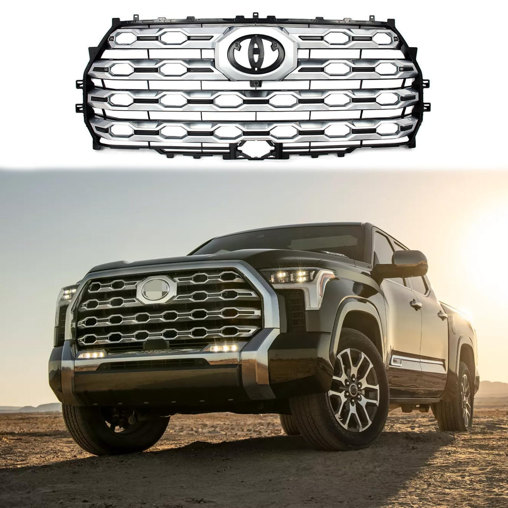 BUFEETERS   Front Bumper Grille Fit For 2022 2023 2024 Toyota Tundra Platinum,Mesh Style,Satin Aluminum&Chrome