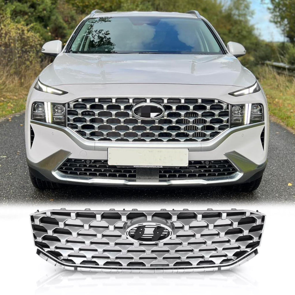 BUFEETERS   Front Bumper Upper Grille Fit For 2021 2022 2023 Hyundai Santa Fe,Honeycomb Mesh Style,Black&Chrome