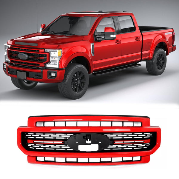 BUFEETERS Front Bumper Upper Grille Fit For 2020 2021 2022 F-250 F-350 F-450 F-550 Super Duty,Lariat Sport Style,PQ Race Red&Matte Black
