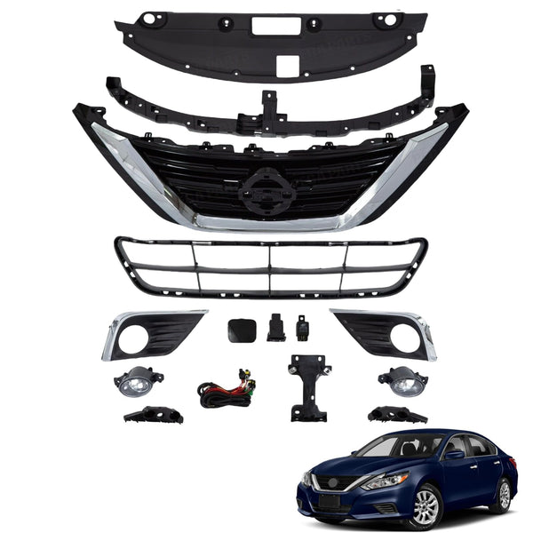 BUFEETERS  12PCS Front Grille Fog Light Kits Radiator Cover Bumper Bracket Fit For 2016 2017 2018 Nissan Altima,Mesh Style,Chrome&Black