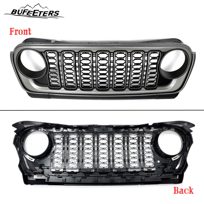BUFEETERS  Front Bumper Upper Grille w/O Camera Hole Fit For 2018 2019 2020 2021 2022 2023 2024 Jeep Wrangler JL Gladiator JT,Rubicon Style,Matte Black&Billet Silver Metallic