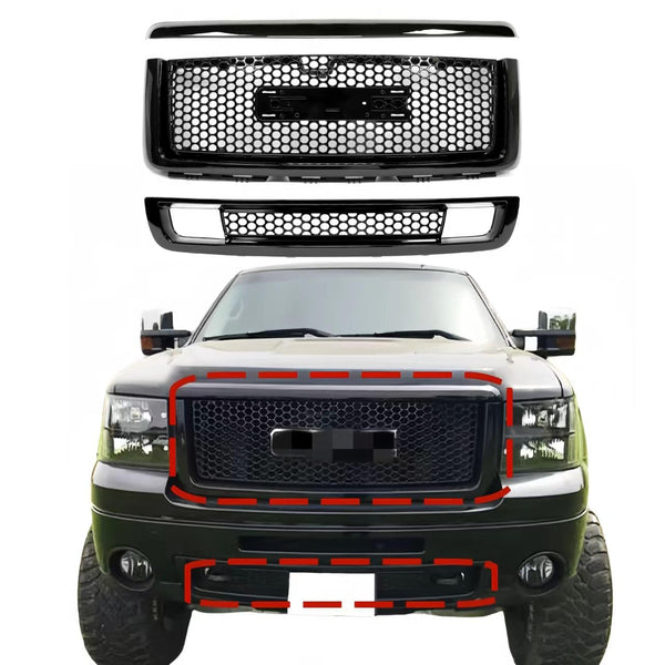 BUFEETERS   Front Upper Lower Grille Hood Molding  Fit For 2007 2008 2009 2010 2011 2012 2013 GMC Sierra 1500 Denali Pickup, Honeycomb Style,Gloss Black