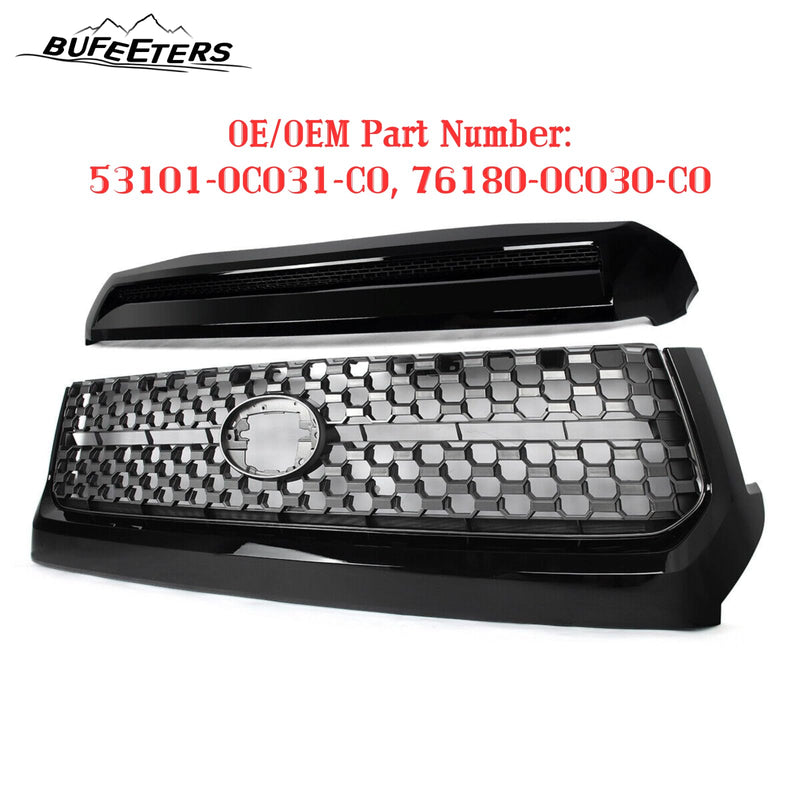 BUFEETERS  Front Bumper Upper Grille Grill & Hood Bulge Fit For 2014 2015 2016 2017 2018 2019 2020 Toyota Tundra,Honeycomb Style,Gloss Black&Gary