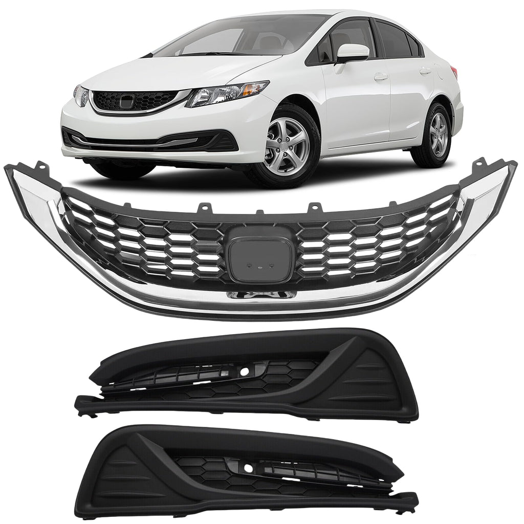 BUFEETERS  Front Bumper Upper Grille Grill Fog Light cover Bezel Fit For 2013 2014 2015 Honda Civic Sedan,Factory Style,Chrome&Black