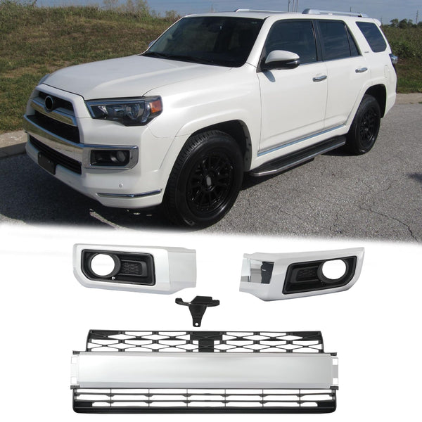 BUFEETERS  Front Bumper Lower Grille+Fog Lamp Cover Set Fit For 2014 2015 2016 2017 2018 2019 2020 Toyota 4Runner Limited,Factory Style,Chrome＆Black