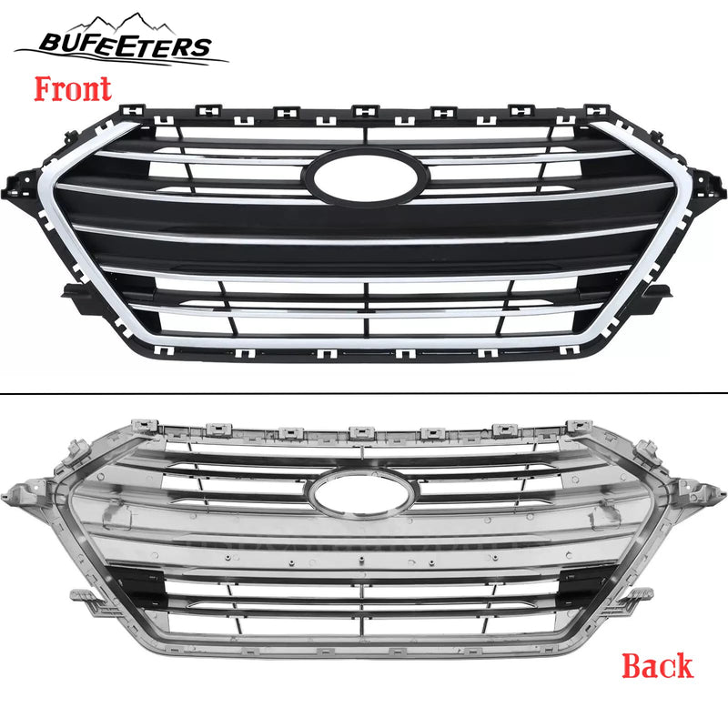 BUFEETERS     Front Bumper Grille w/ Chrome Trim Fit For 2017 2018 Hyundai Elantra Sedan,Horizontal Billet Style,Chrome&Black