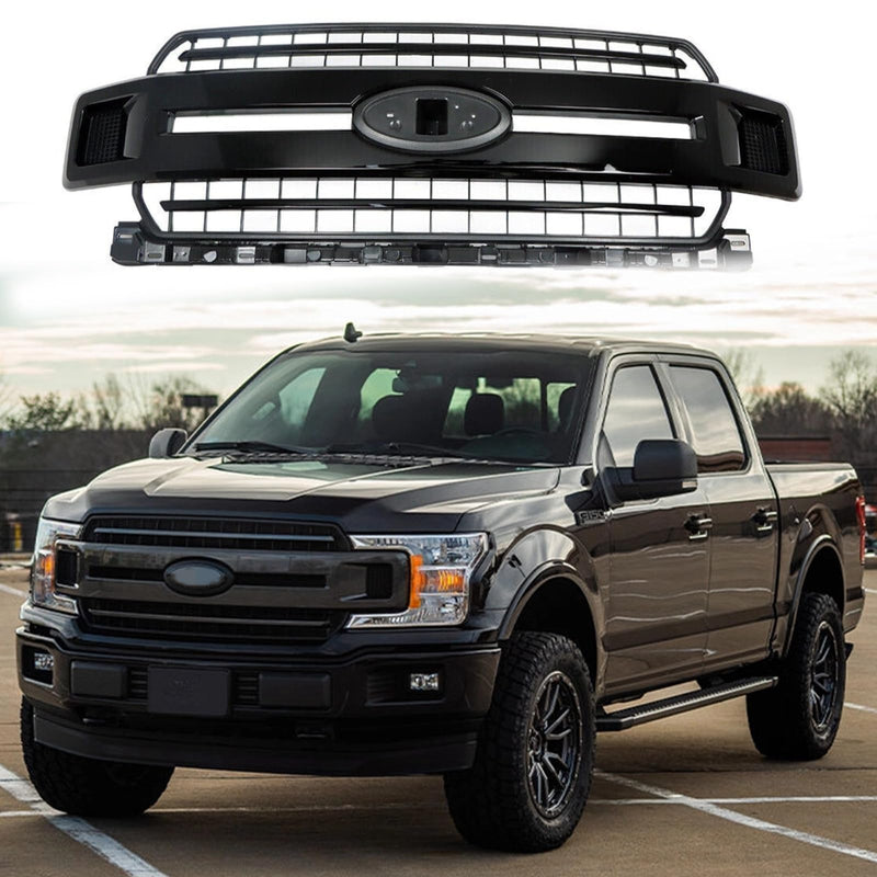 BUFEETERS  Front Bumper Upper Grille Fit For 2018 2019 2020 Ford F-150 XLT XL,Horizontal Bar Style,Gloss Black