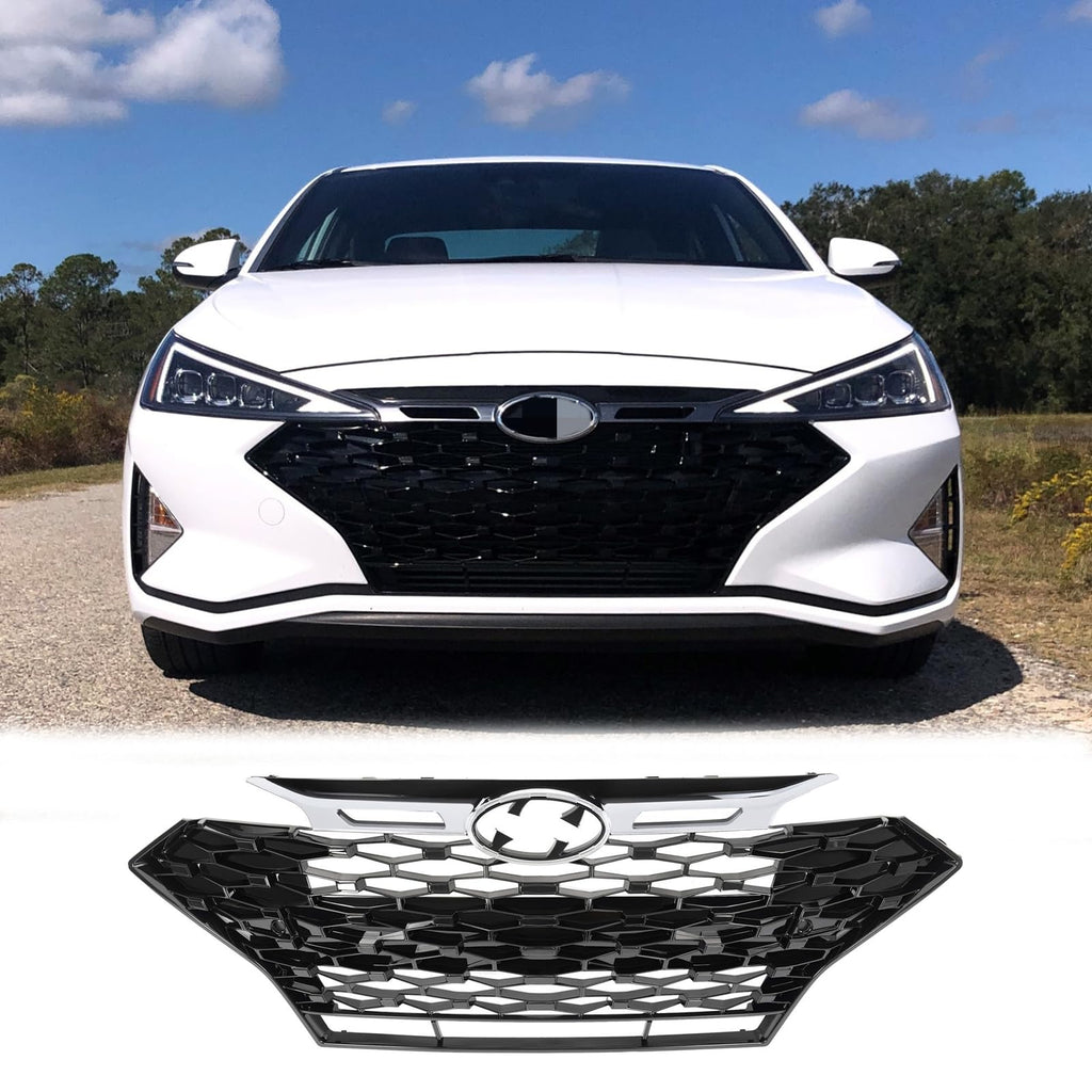 BUFEETERS     Front Bumper Upper Grille Fit For 2019 2020 Hyundai Elantra Sport Sedan,Mesh Style,Chrome&Black