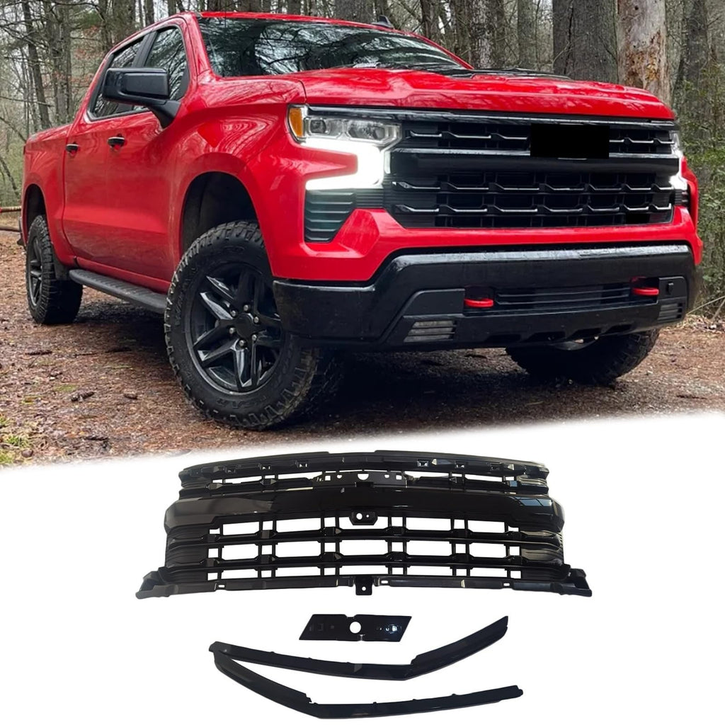 BUFEETERS Front Bumper Upper Grille Fit For 2022 2023 2024 Chevy Silverado 1500,Horizontal Billet Style,Gloss Black